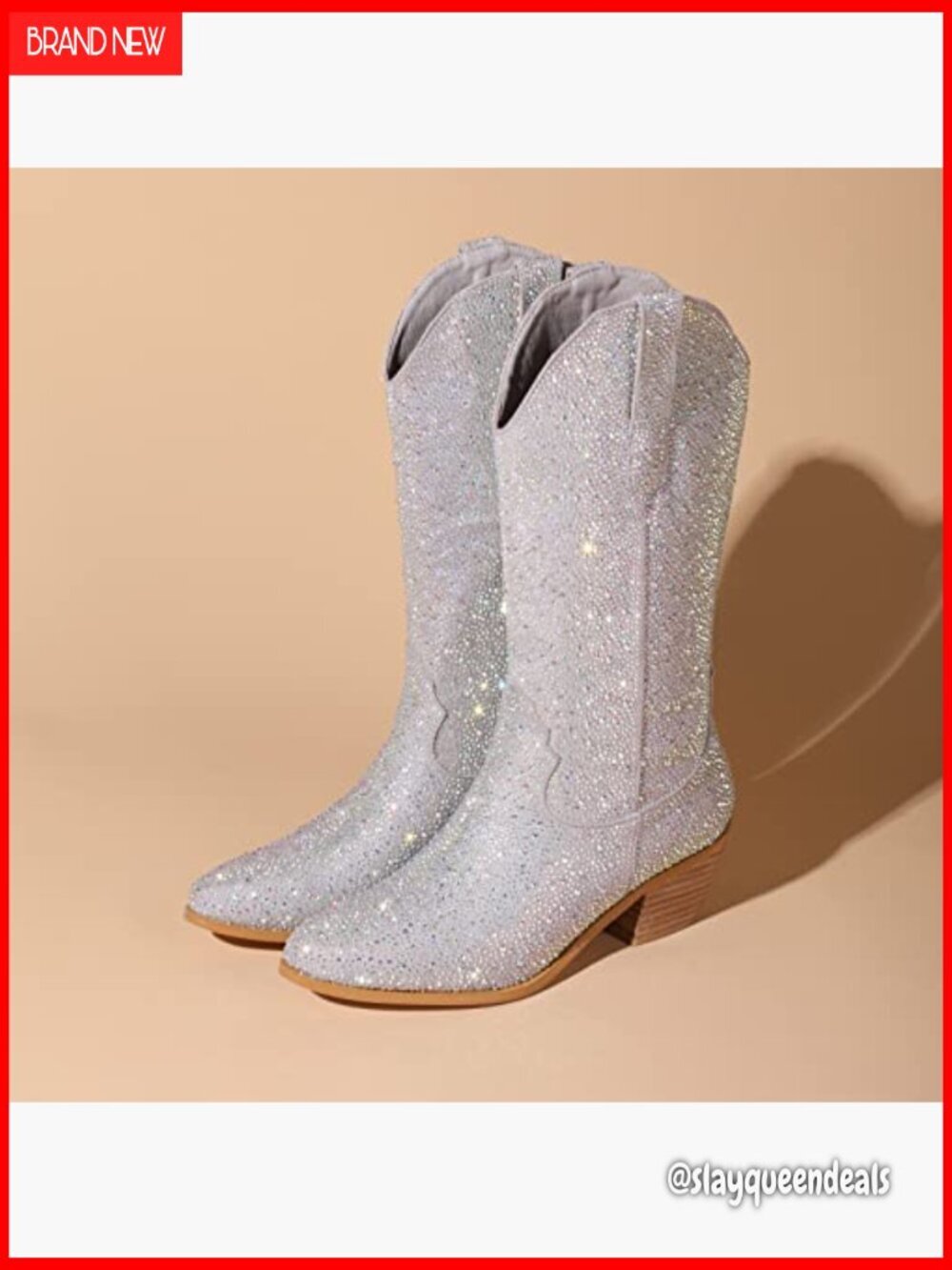 Rhinestone Cowgirl Boots Sparkly Knee High Block Heel Mid Calf Booties - Picture 7 of 7